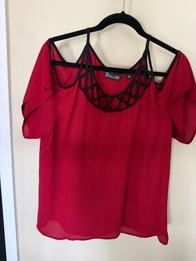 Zac & Rachel Red Cold-Shoulder Blouse with Black Lattice Neckline